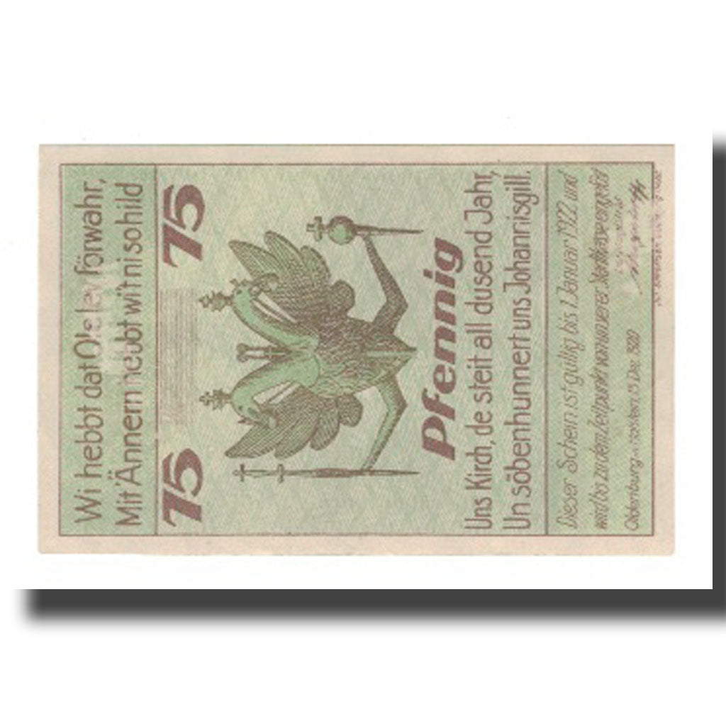 Banconote, Germania, Oldenburg i. Holstein Stadt, 75 Pfennig, Clocher, 1922