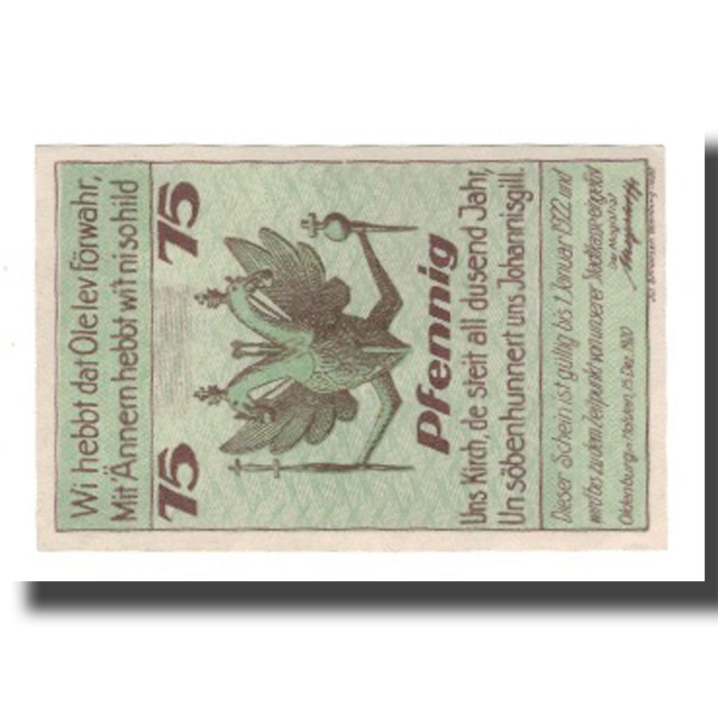Banconote, Germania, Oldenburg i. Holstein Stadt, 75 Pfennig, Clocher 1, 1922