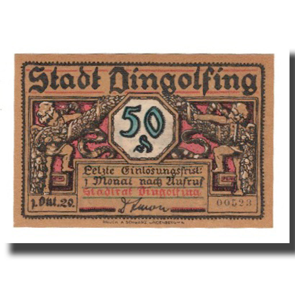 Geldschein, Deutschland, Dingolfing Stadt, 50 Pfennig, village, 1920