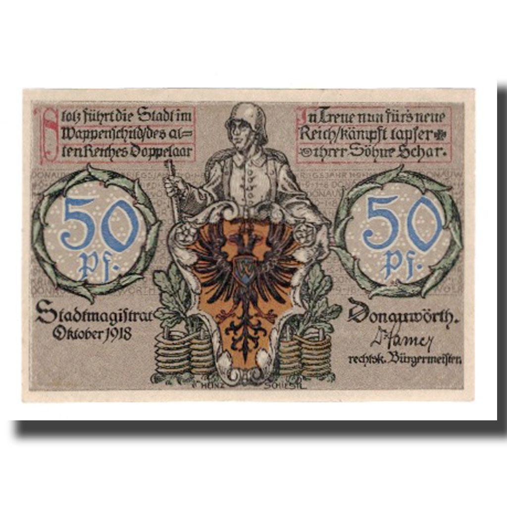 Banconote, Germania, Donauwörth Stadt, 50 Pfennig, Batiment, 1918, SPL-