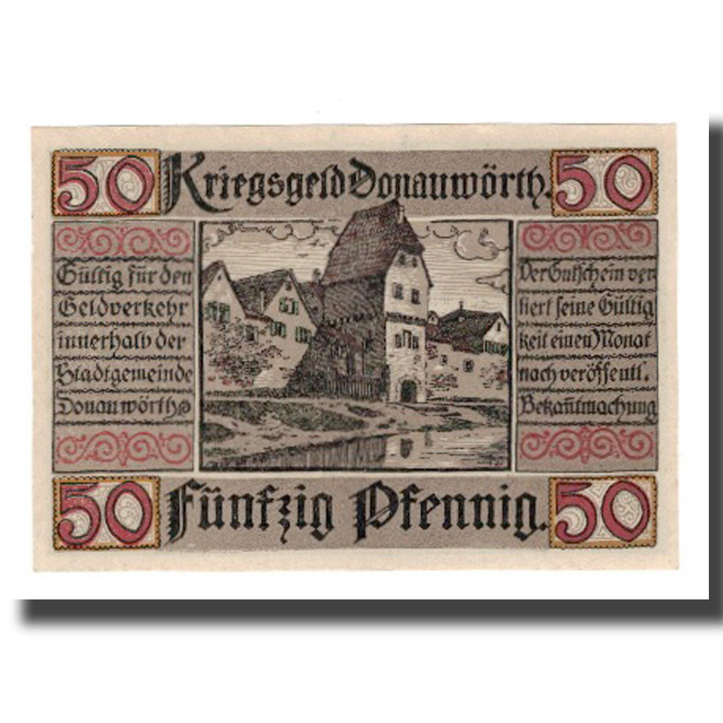 Banconote, Germania, Donauwörth Stadt, 50 Pfennig, Batiment, 1918, SPL-