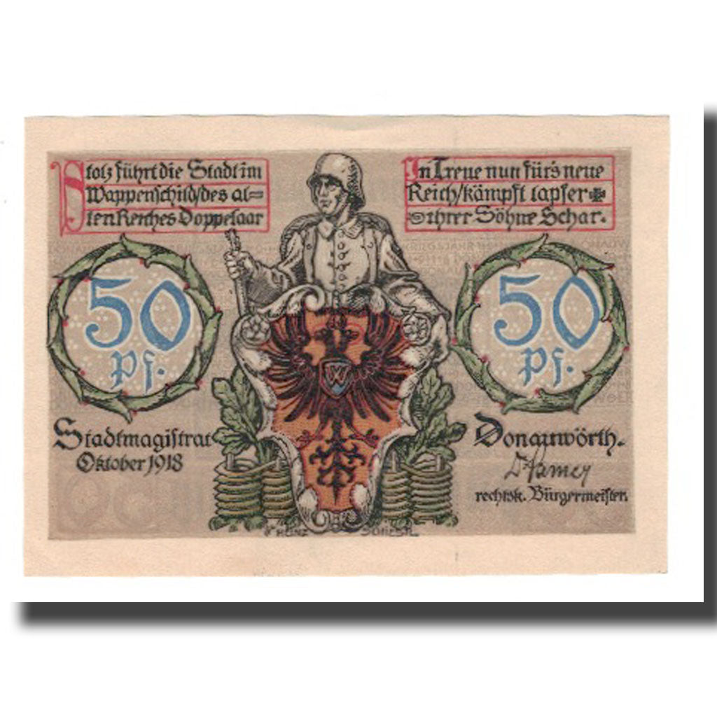 Banknote, Germany, Donauwörth Stadt, 50 Pfennig, batiment 1, 1918, AU(55-58)