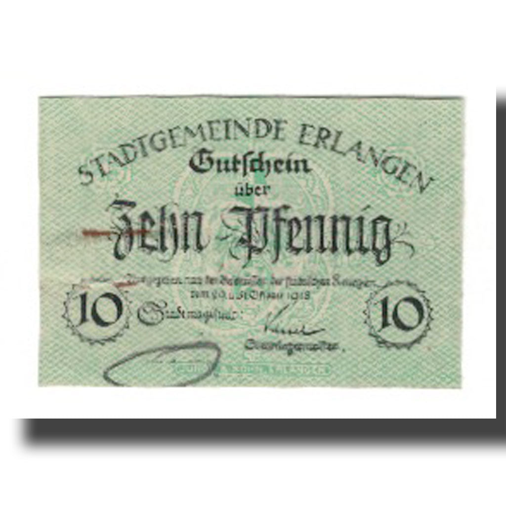 Banconote, Germania, Erlangen Stadt, 10 Pfennig, valeur faciale 1, 1918