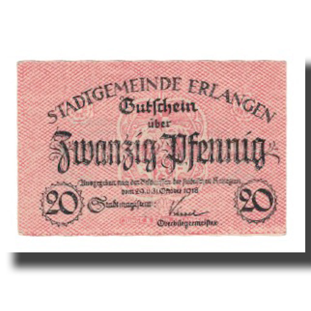 Billet, Allemagne, Erlangen Stadt, 20 Pfennig, valeur faciale 1, 1918
