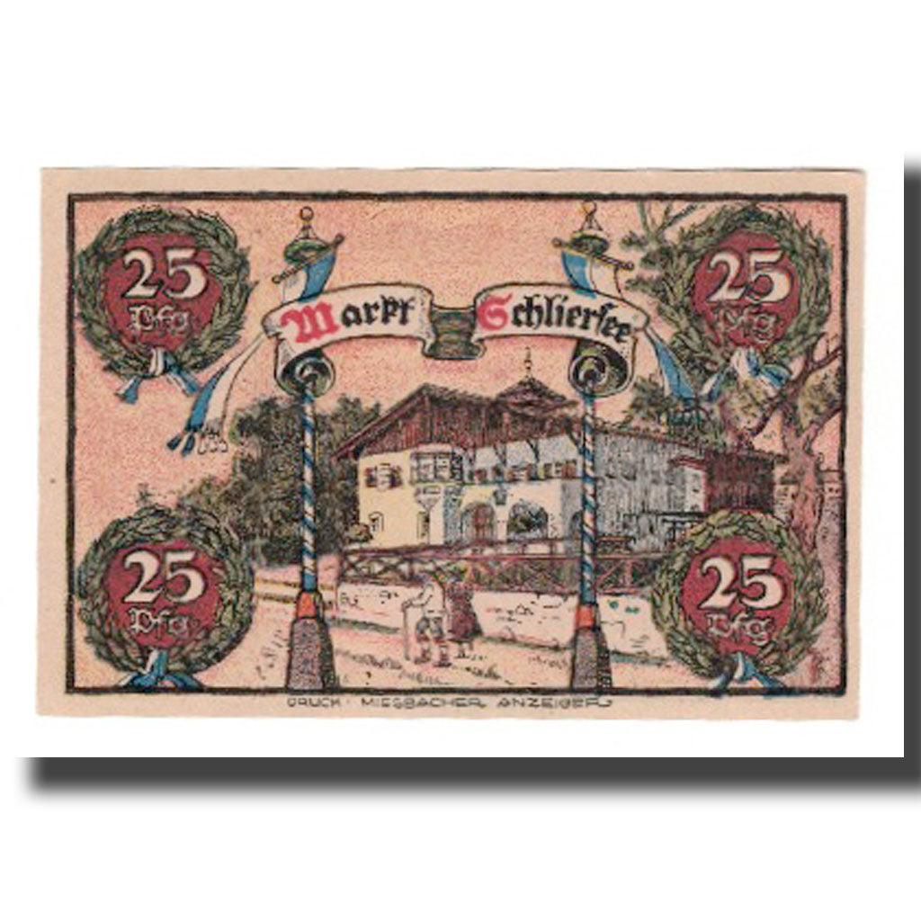 Nota, Alemanha, Schliersee Marktgemeinde, 25 Pfennig, Batiment, 1921
