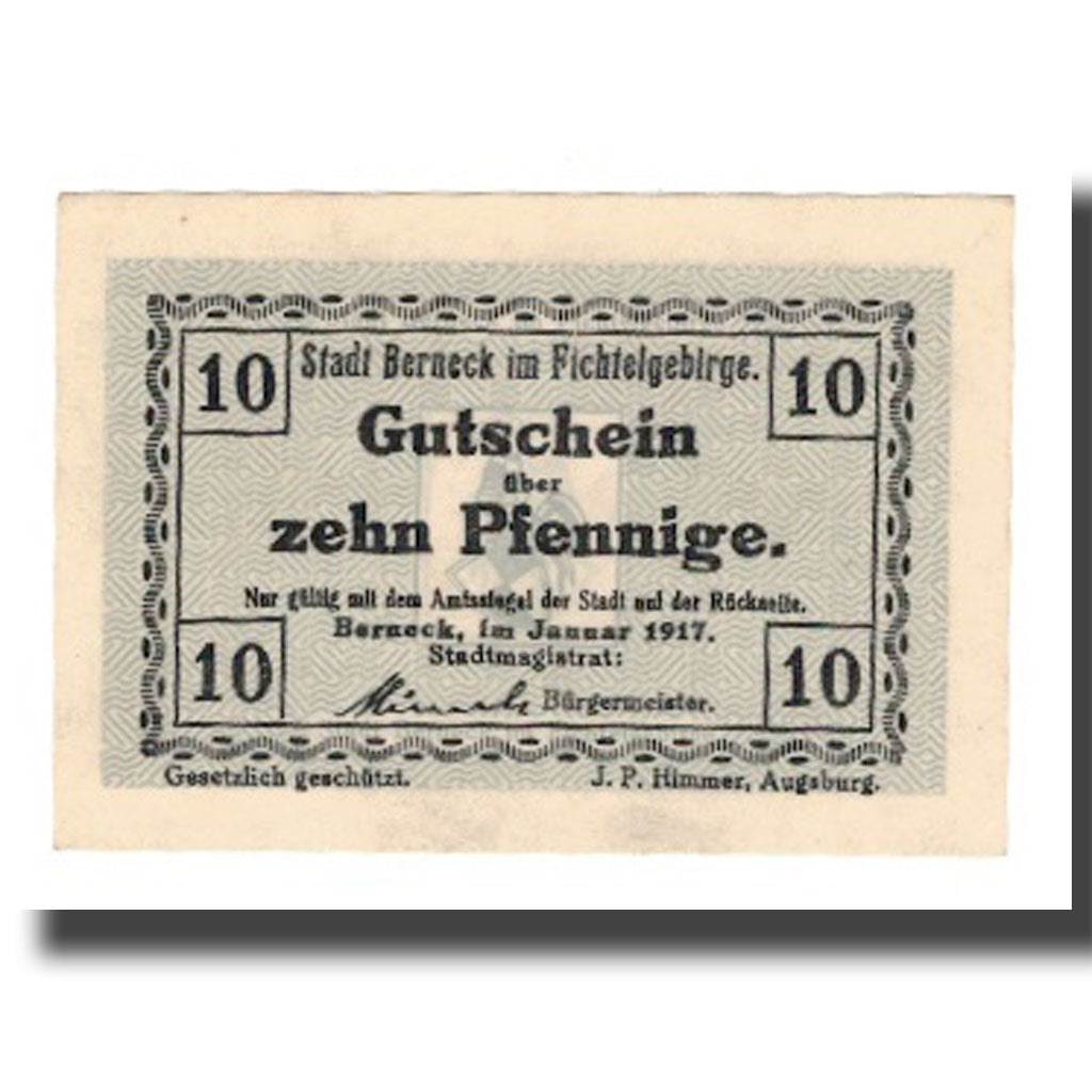 Banknote, Germany, Berneck im Fichtelgebirge Stadt, 10 Pfennig, Blason, 1917