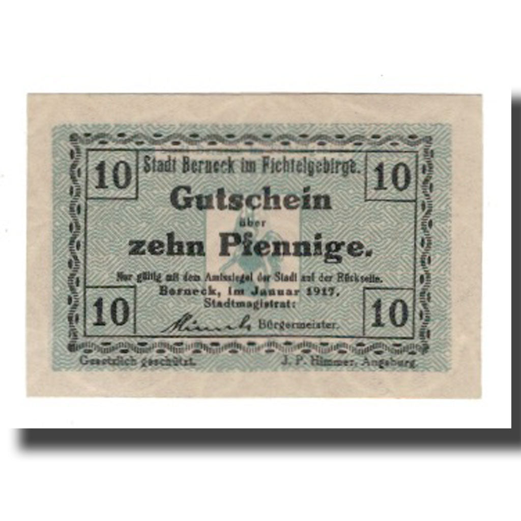 Banknote, Germany, Berneck im Fichtelgebirge Stadt, 10 Pfennig, Blason 1, 1917