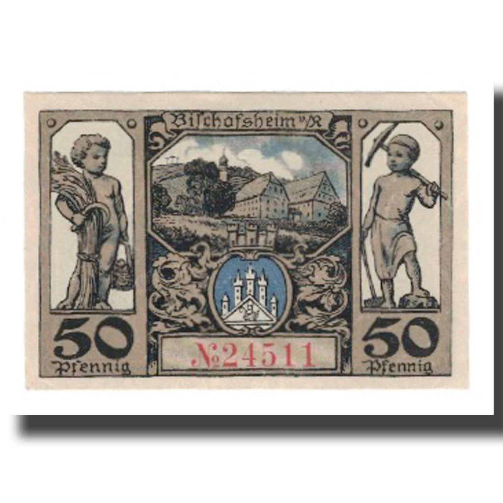 Banknote, Germany, Bischofsheim v. Rhon Stadt, 50 Pfennig, village, undated