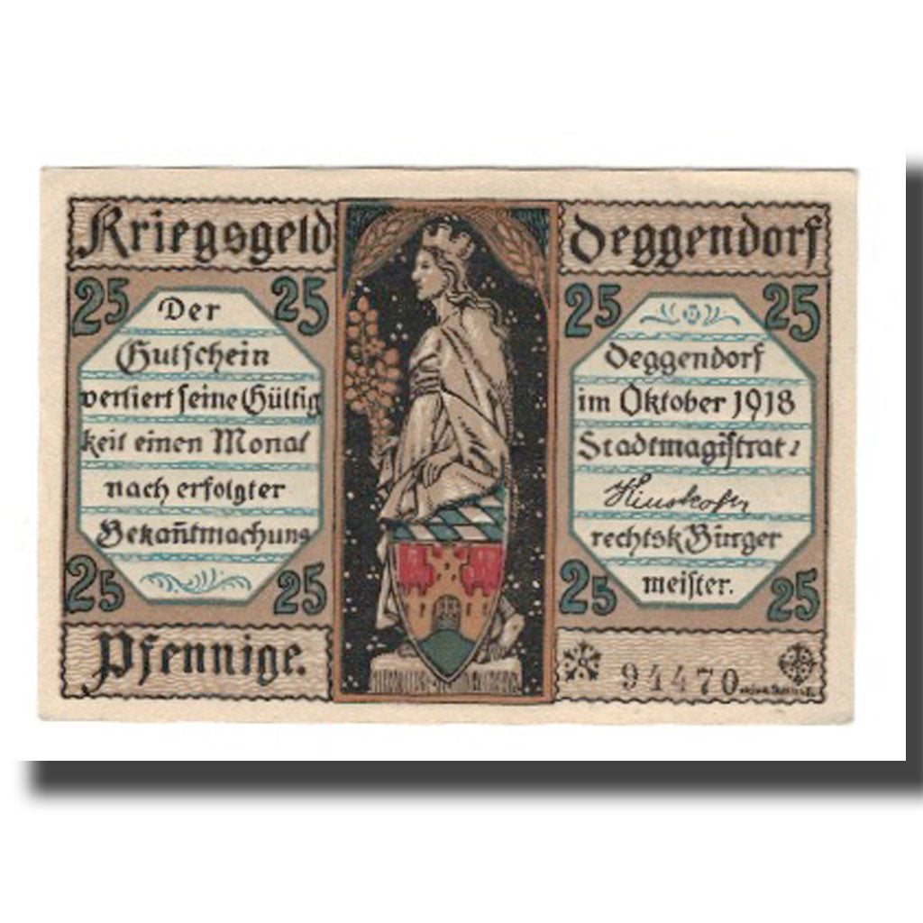 Banknote, Germany, Deggendorf Stadt, 25 Pfennig, Batiment, 1918, AU(55-58)