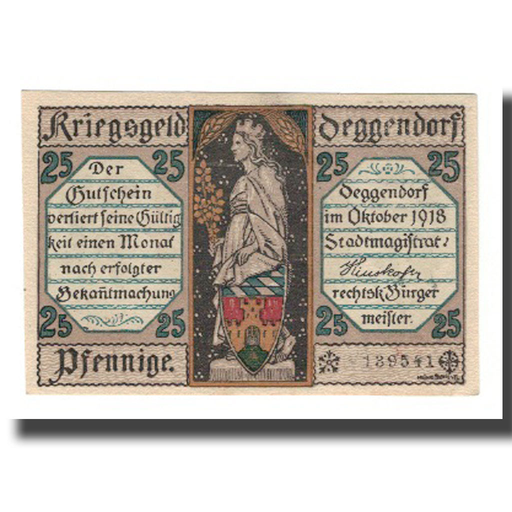 Billet, Allemagne, Deggendorf Stadt, 25 Pfennig, batiment 1, 1918, SUP