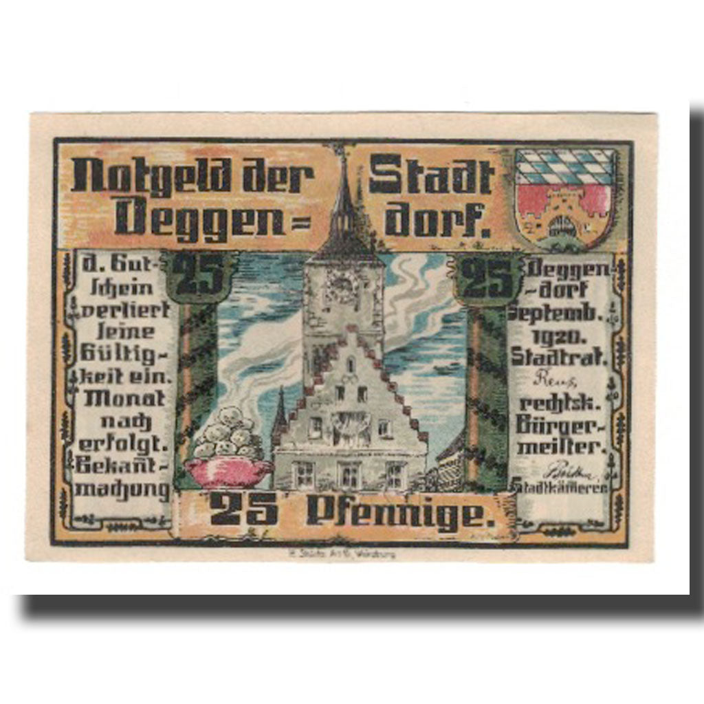Nota, Alemanha, Deggendorf Stadt, 25 Pfennig, château, 1920, AU(55-58)