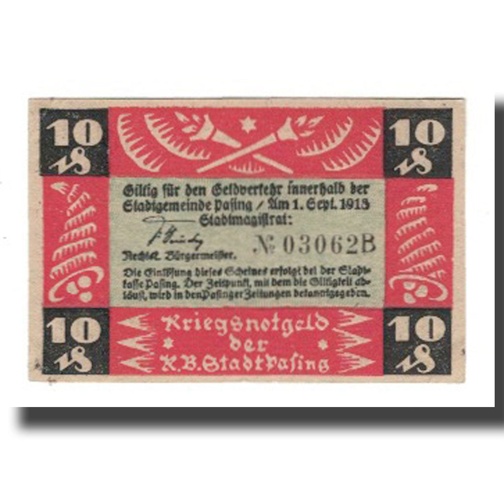 Nota, Alemanha, Pasing Stadt, 10 Pfennig, Blason, 1918, 1918-09-01, AU(55-58)