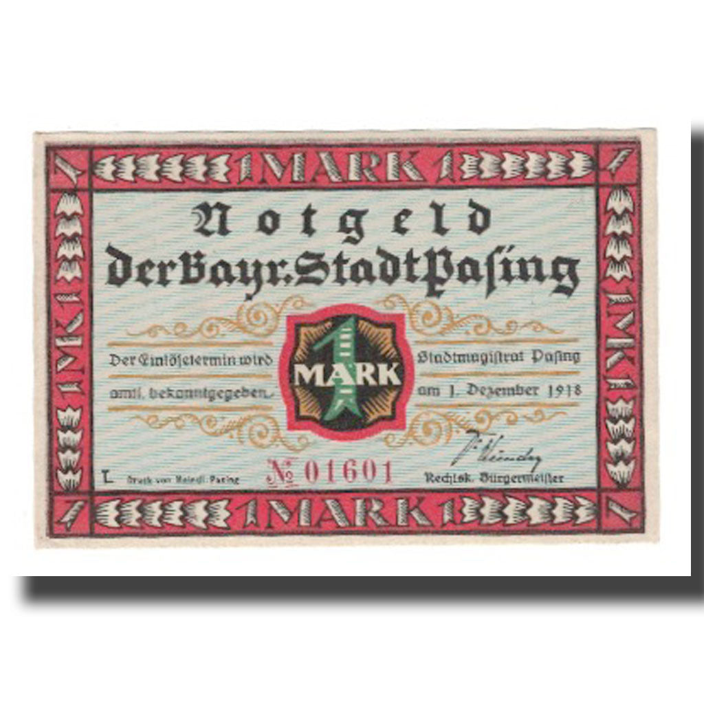 Banknote, Germany, Pasing Stadt, 1 Mark, Blason 1, 1918 (1920), 1918-12-01