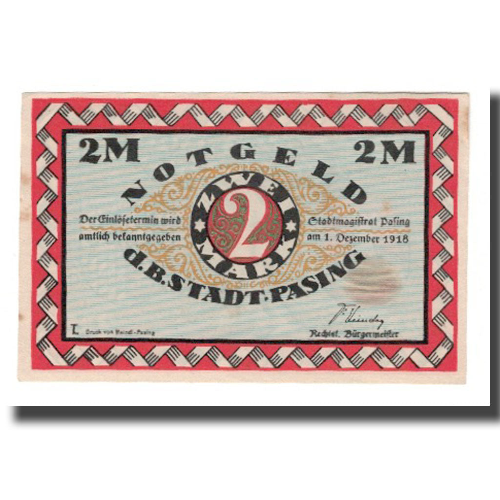 Geldschein, Deutschland, Pasing Stadt, 2 Mark, Blason 1, 1918 (1920)