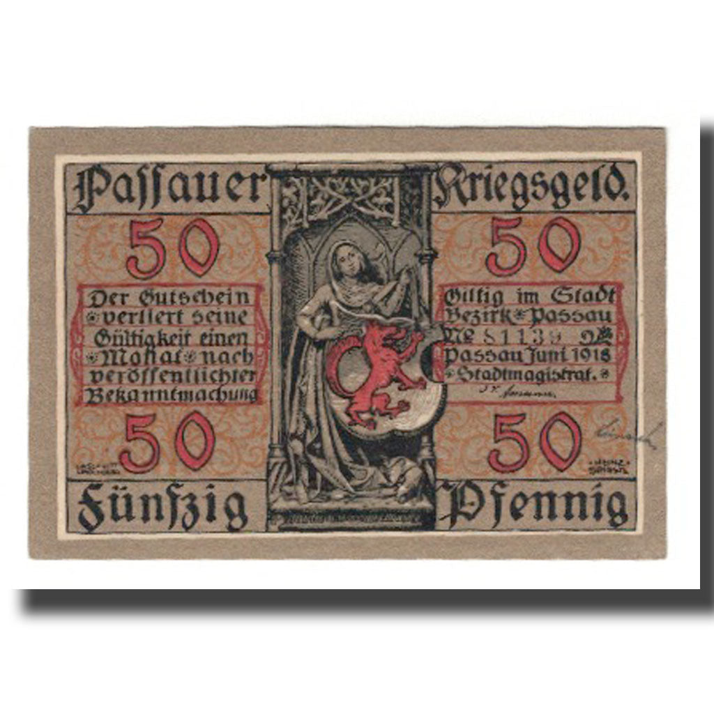 Nota, Alemanha, Passau Stadt, 50 Pfennig, village 1, 1918, AU(55-58), Mehl:P7.1