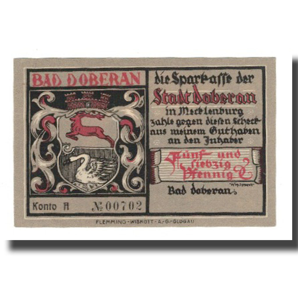 Banknote, Germany, Doberan, Bad Stadt, 75 Pfennig, Eglise, 1922, AU(55-58)