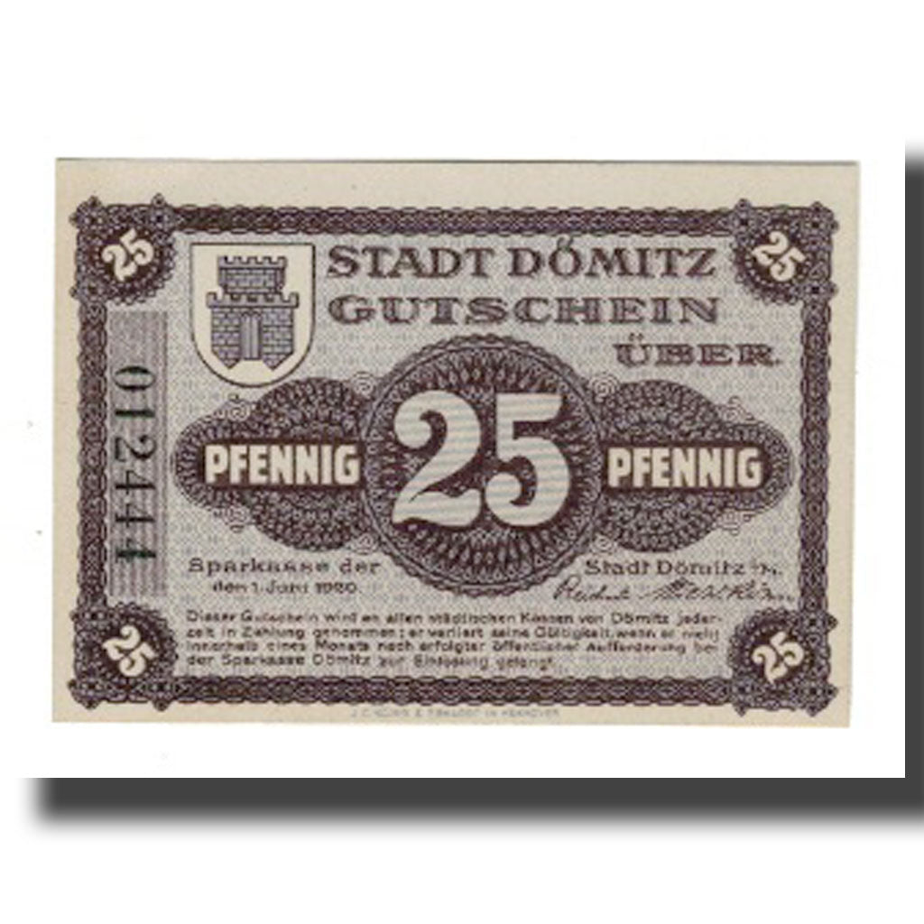 Banknote, Germany, Dömitz Sparkasse der Stadt, 25 Pfennig, Bastion 1, 1920