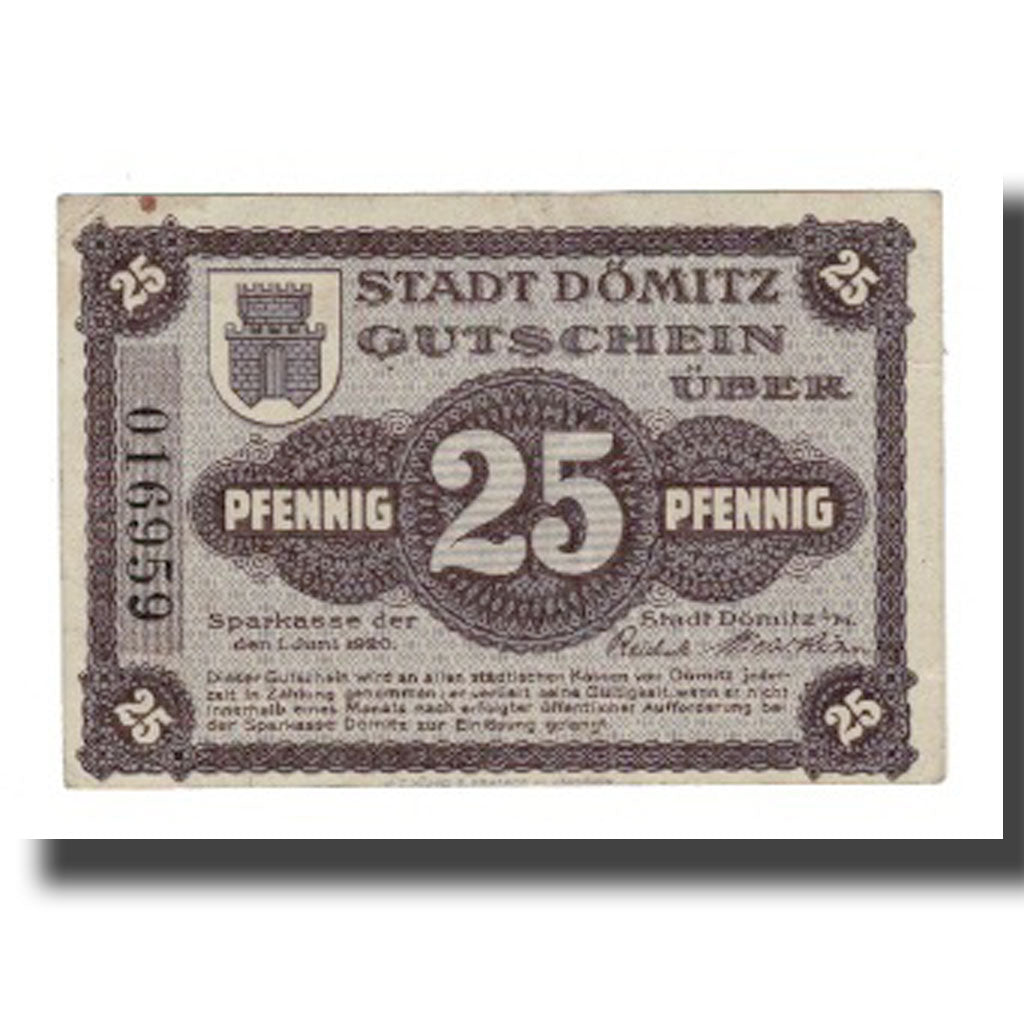 Banknote, Germany, Dömitz Sparkasse der Stadt, 25 Pfennig, Bastion 2, 1920