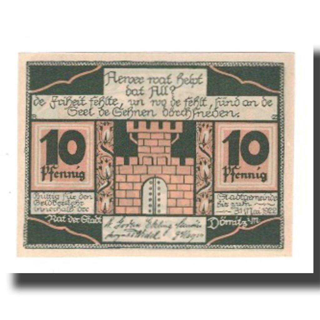 Banknote, Germany, Domitz Stadt, 10 Pfennig, paysage, 1922, 1922-05-31