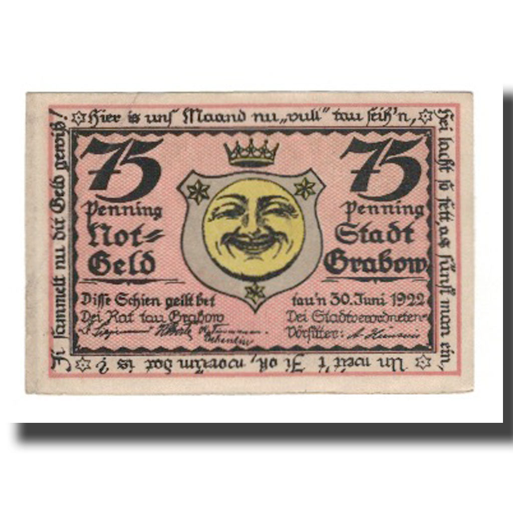Nota, Alemanha, Grabow Stadt, 75 Pfennig, personnage 1, 1922, 1922-06-30