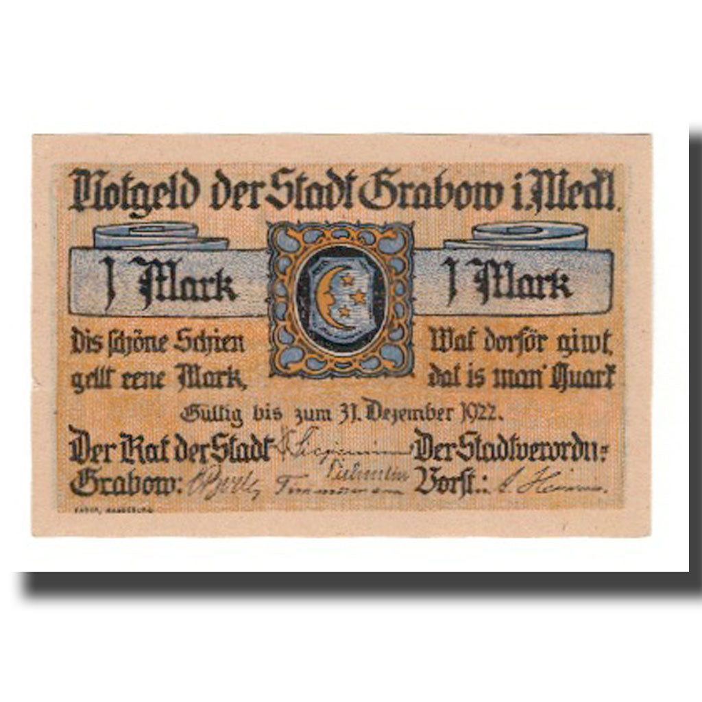 Banknote, Germany, Grabow Stadt, 1 Mark, personnage 1, 1922, 1922-06-30