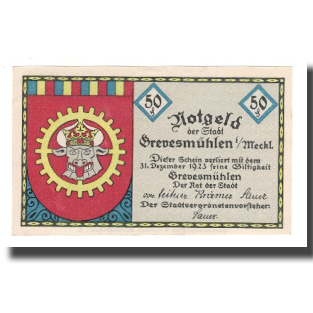 Nota, Alemanha, Grevesmuhlen Stadt, 50 Pfennig, paysage, 1923, 1923-12-31