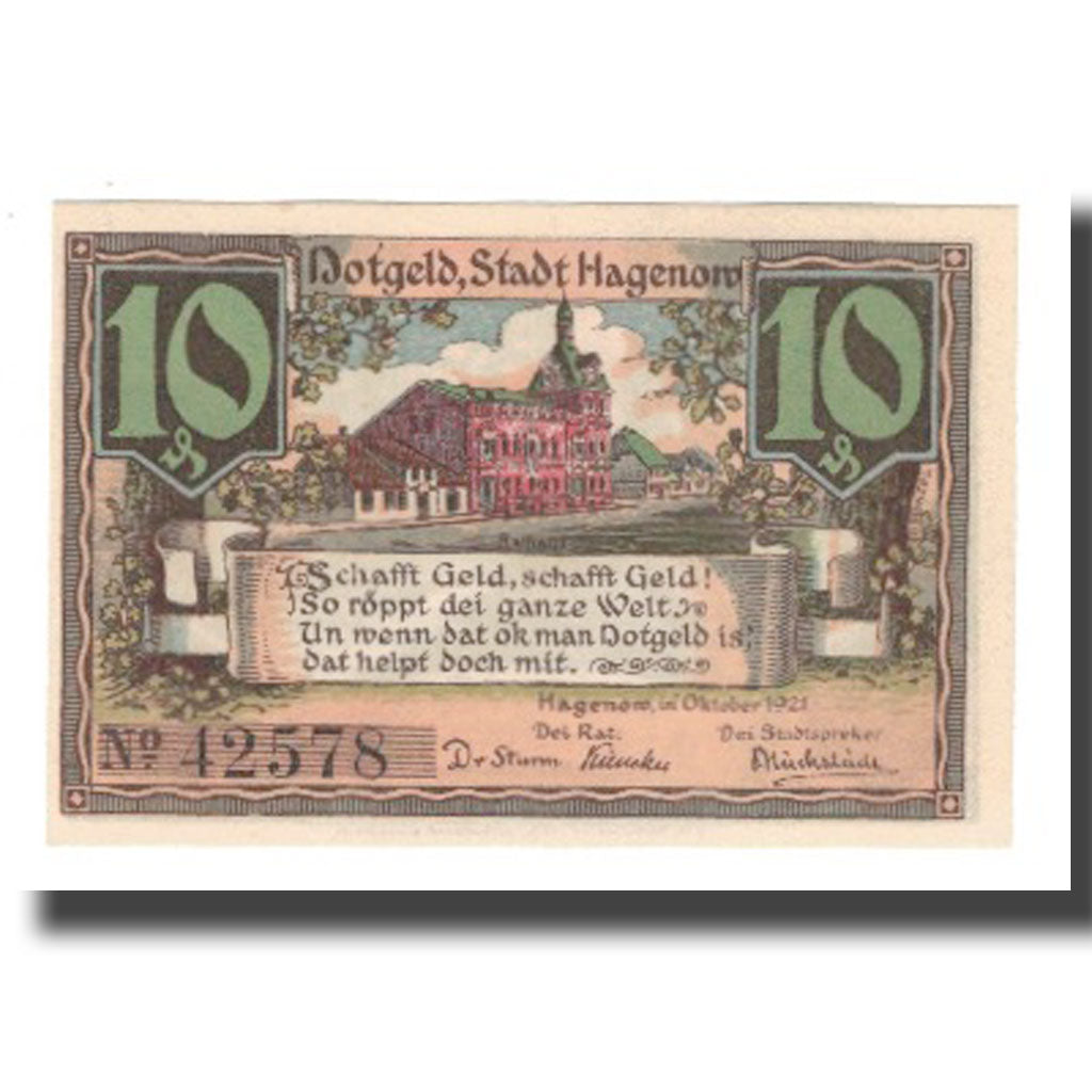 Banconote, Germania, Hagenow Stadt, 10 Pfennig, personnage, 1921, SPL-