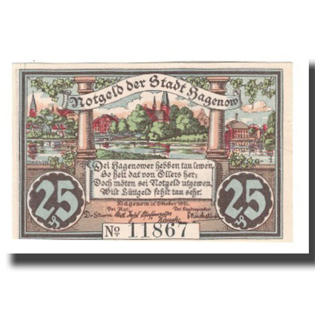 Biljet, Duitsland, Hagenow Stadt, 25 Pfennig, personnage 1, 1921, SUP
