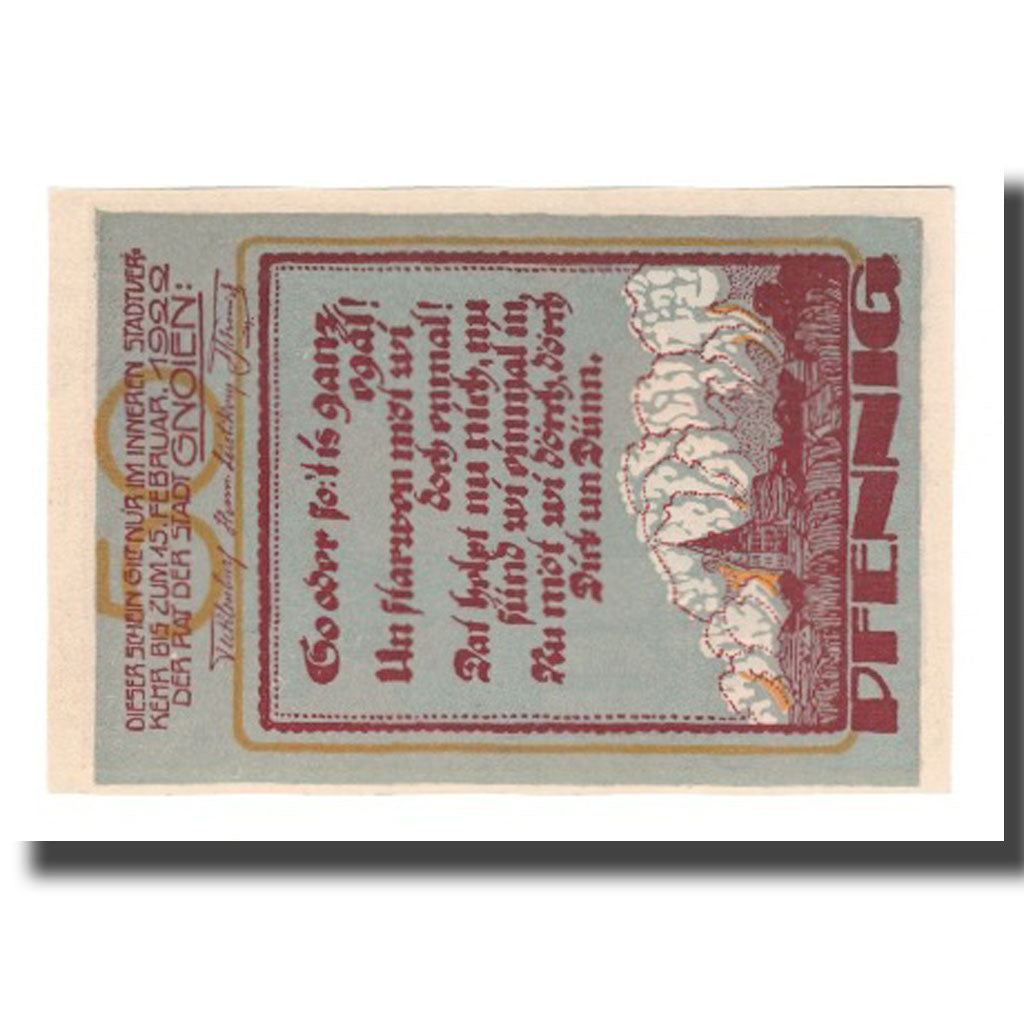 Banconote, Germania, Gnoien Stadt, 50 Pfennig, personnage 1, 1922, 1922-02-15