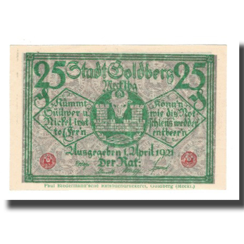 Banconote, Germania, Goldberg Stadt, 25 Pfennig, batiment 1, 1921, 1921-04-01
