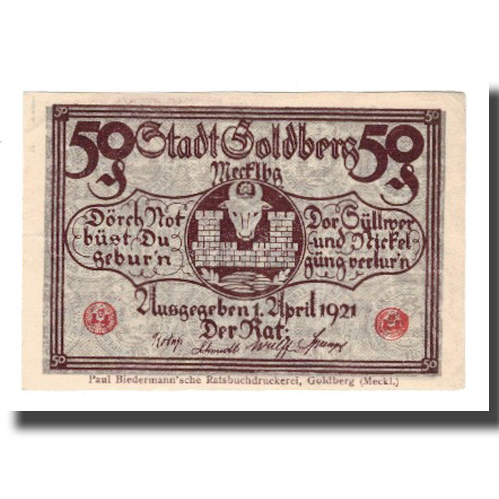 Banknote, Germany, Goldberg Stadt, 50 Pfennig, Batiment, 1921, 1921-04-01