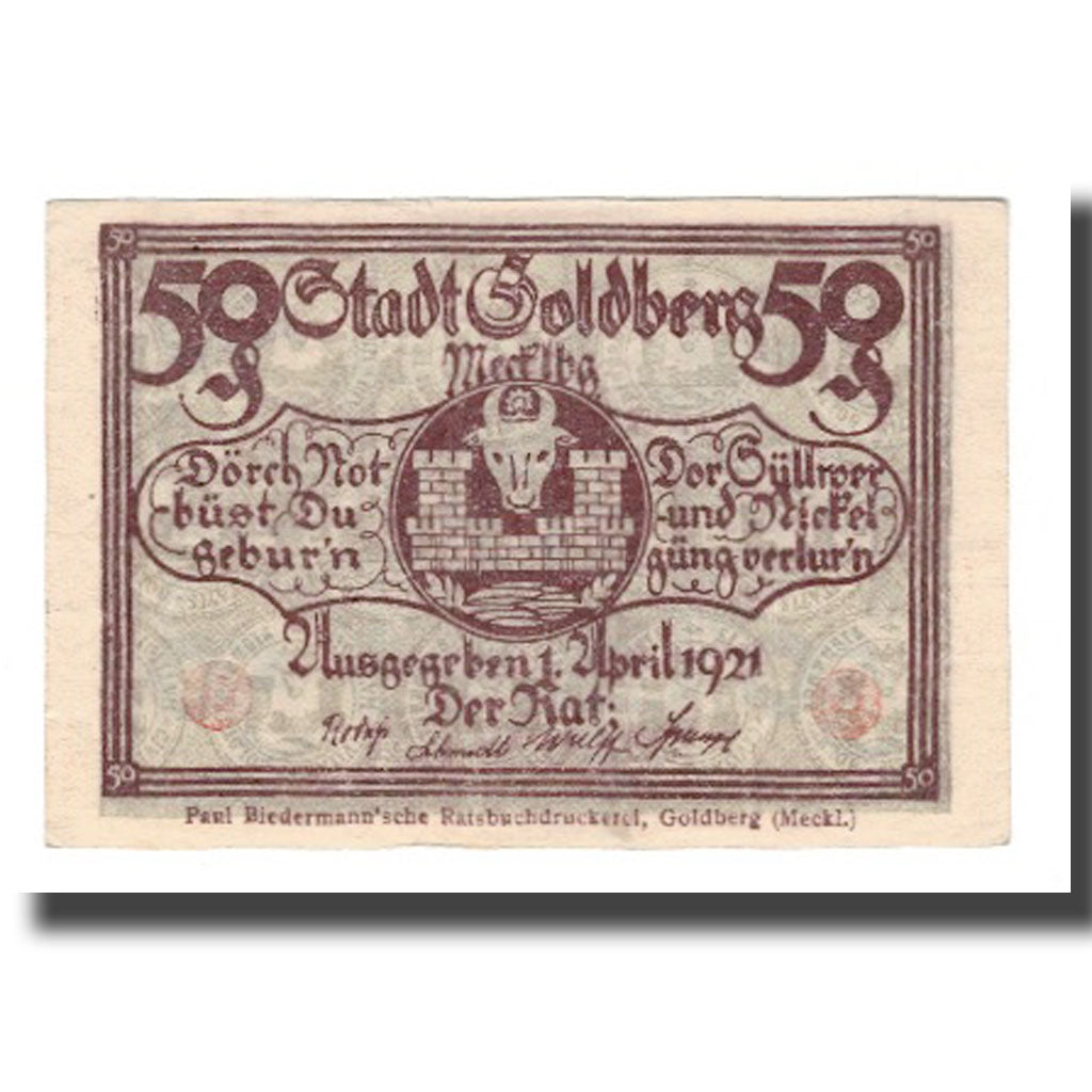Banconote, Germania, Goldberg Stadt, 50 Pfennig, batiment 1, 1921, 1921-04-01