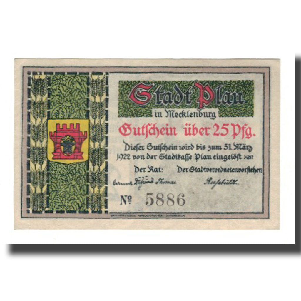 Banknote, Germany, Plau Stadt, 25 Pfennig, personnage 1, 1922, 1922-03-31