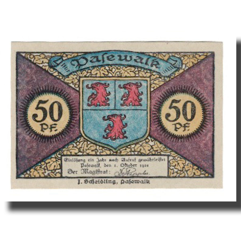 Billete, Alemania, Pasewalk Stadt, 50 Pfennig, Blason, 1921, 1921-10-01, EBC
