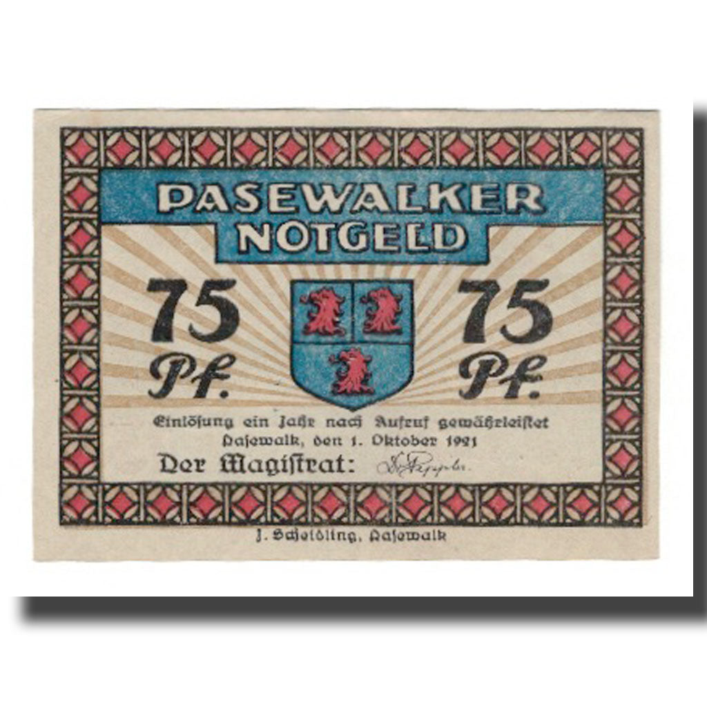 Banconote, Germania, Pasewalk Stadt, 75 Pfennig, personnage, 1921, 1921-10-01