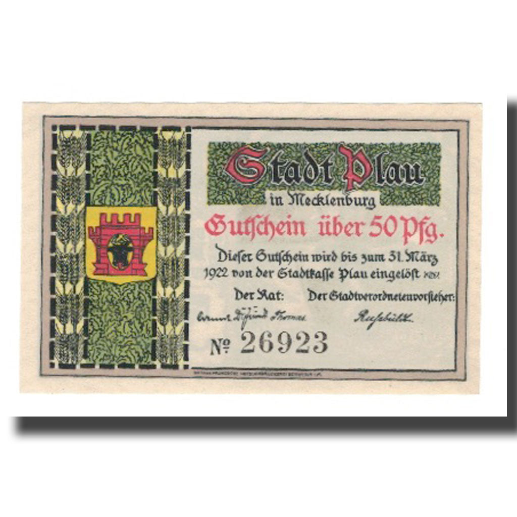 Banconote, Germania, Plau Stadt, 50 Pfennig, personnage, 1922, 1922-03-31, SPL-