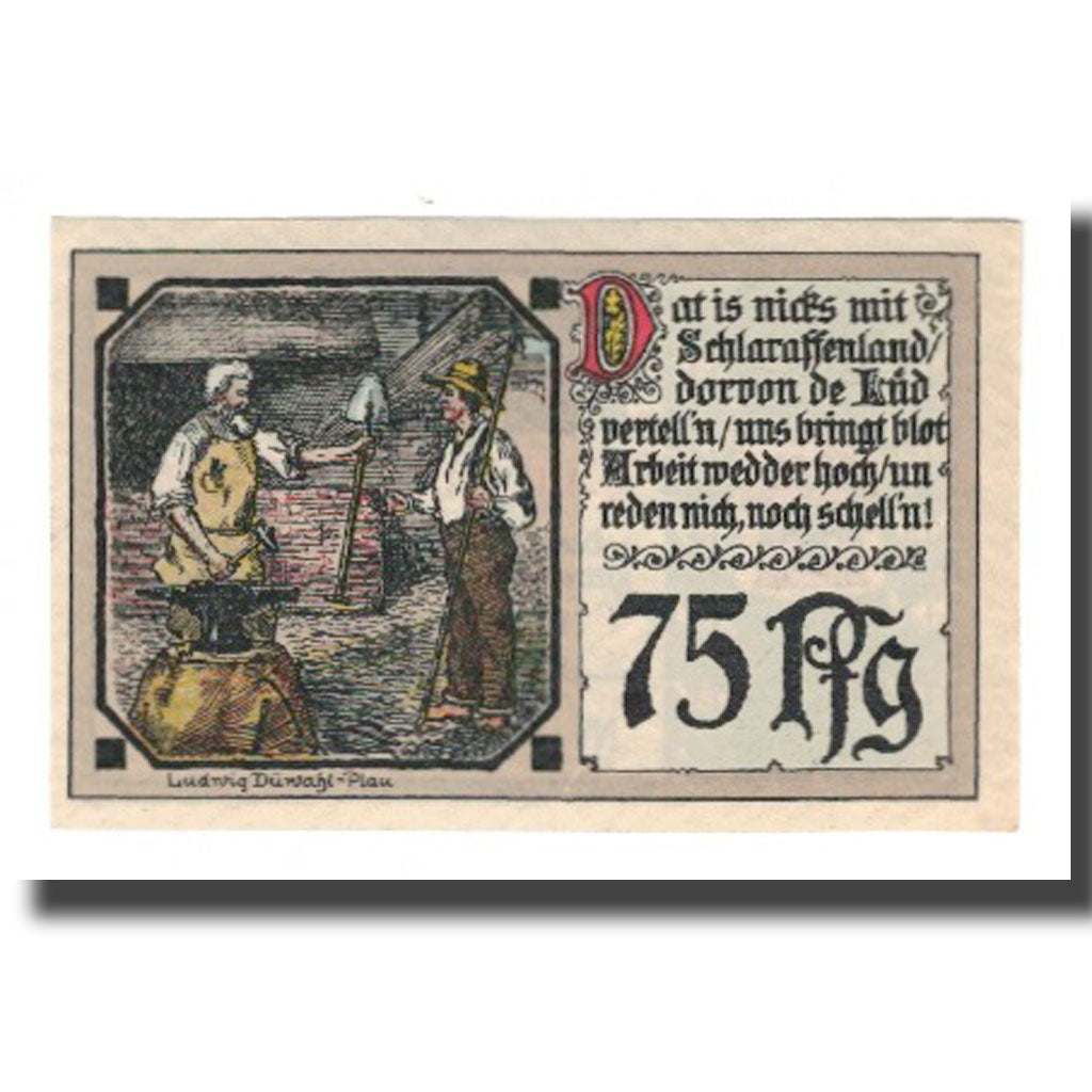 Banknote, Germany, Plau Stadt, 75 Pfennig, personnage, 1922, 1922-03-31