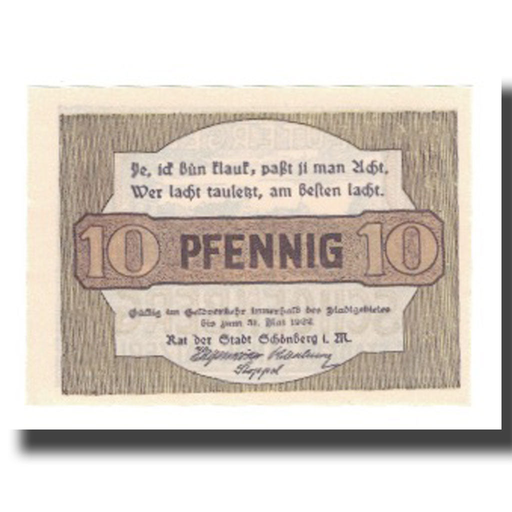 Banknote, Germany, Schönberg Stadt, 10 Pfennig, rue, 1922, 1922-05-31