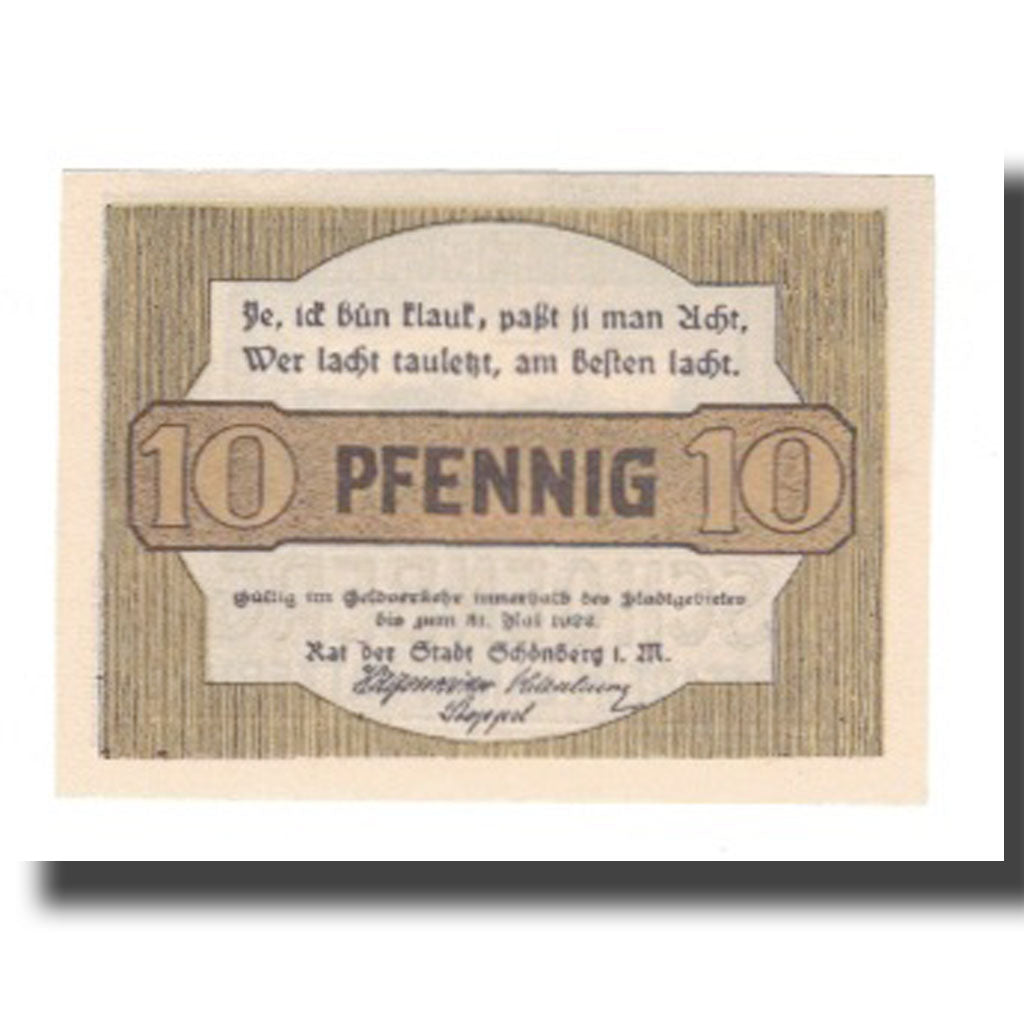 Banknote, Germany, Schönberg Stadt, 10 Pfennig, rue 1, 1922, 1922-05-31