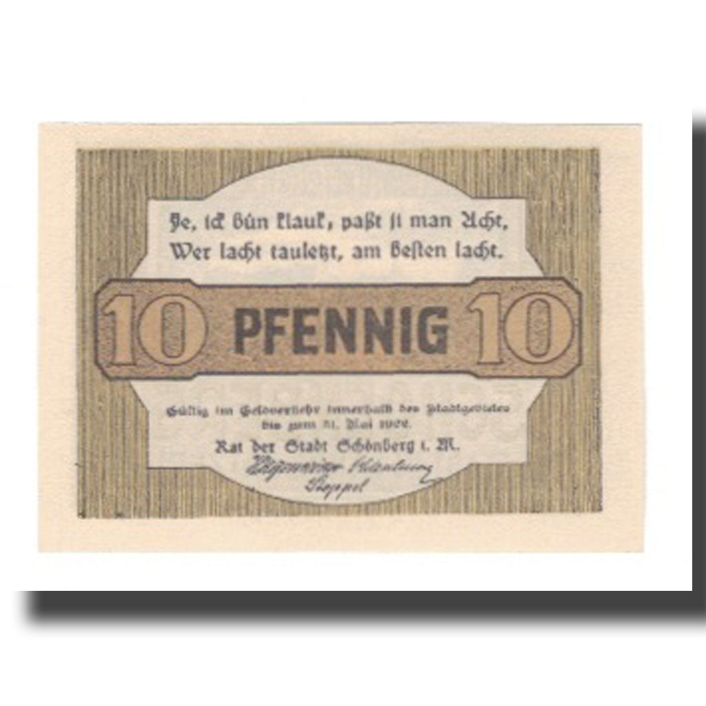 Banknote, Germany, Schönberg Stadt, 10 Pfennig, rue 2, 1922, 1922-05-31