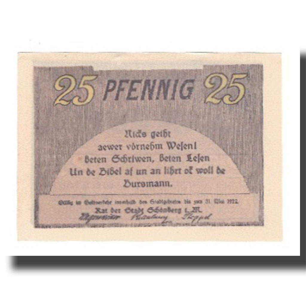 Billete, Alemania, Schönberg Stadt, 25 Pfennig, paysage, 1922, 1922-05-31, EBC