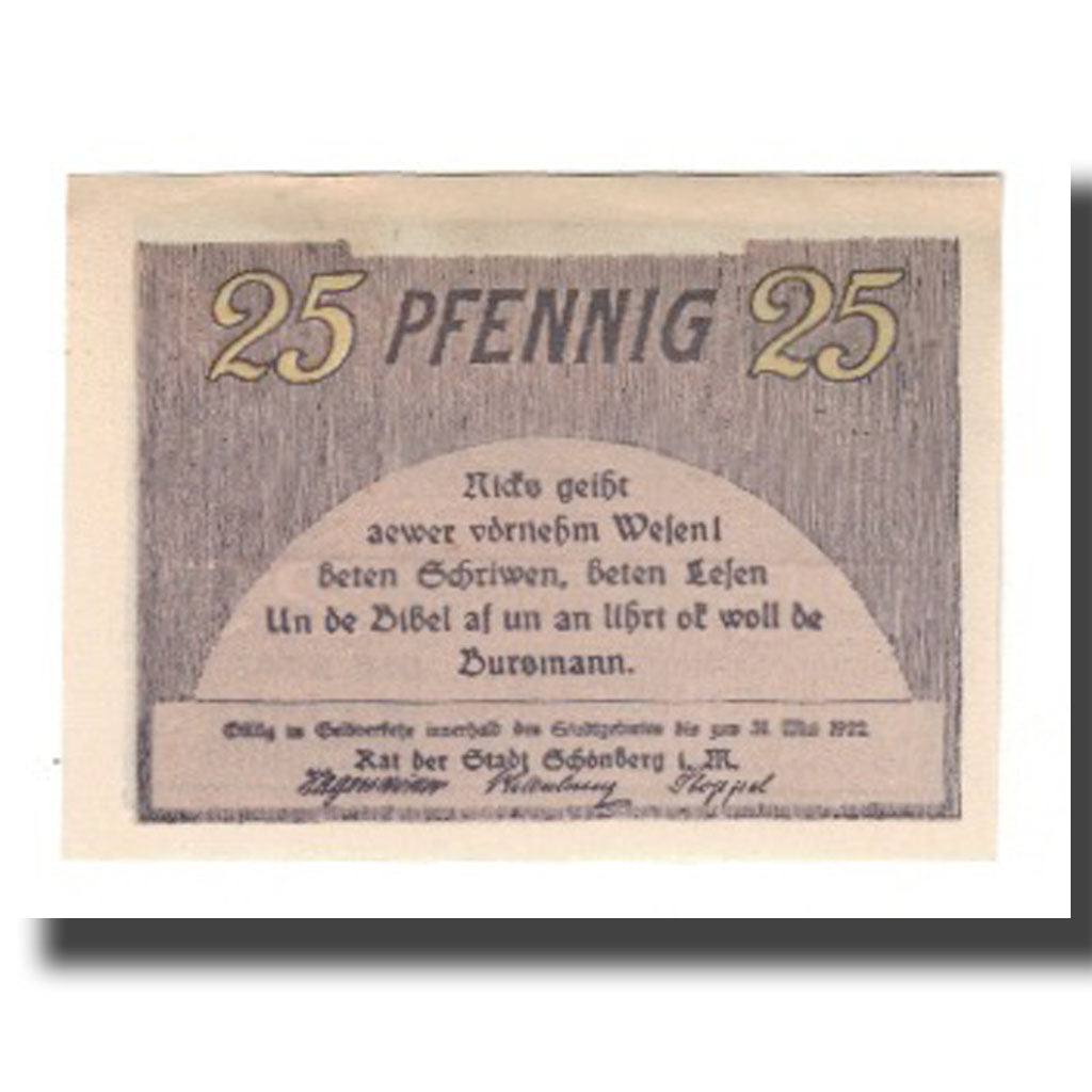 Biljet, Duitsland, Schönberg Stadt, 25 Pfennig, paysage 2, 1922, 1922-05-31