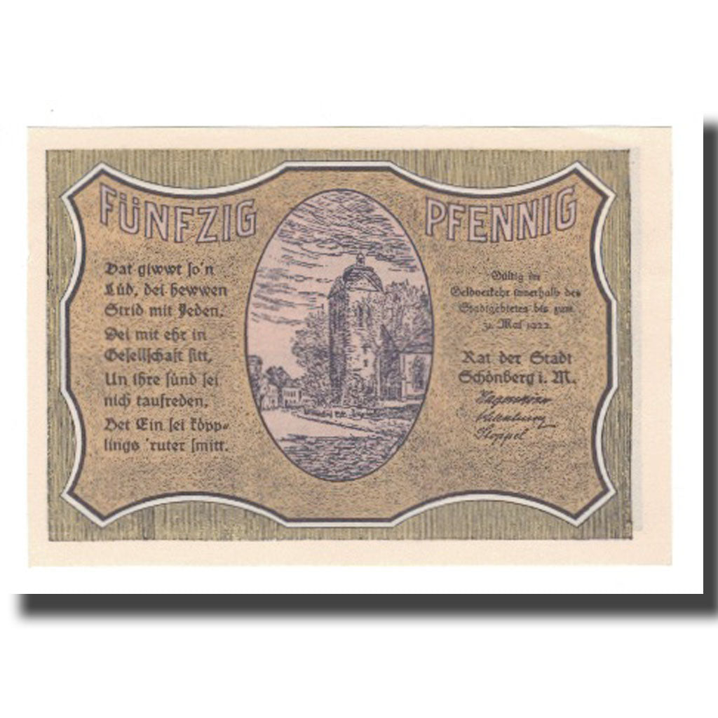 Billete, Alemania, Schönberg Stadt, 50 Pfennig, paysage, 1922, 1922-05-31, EBC