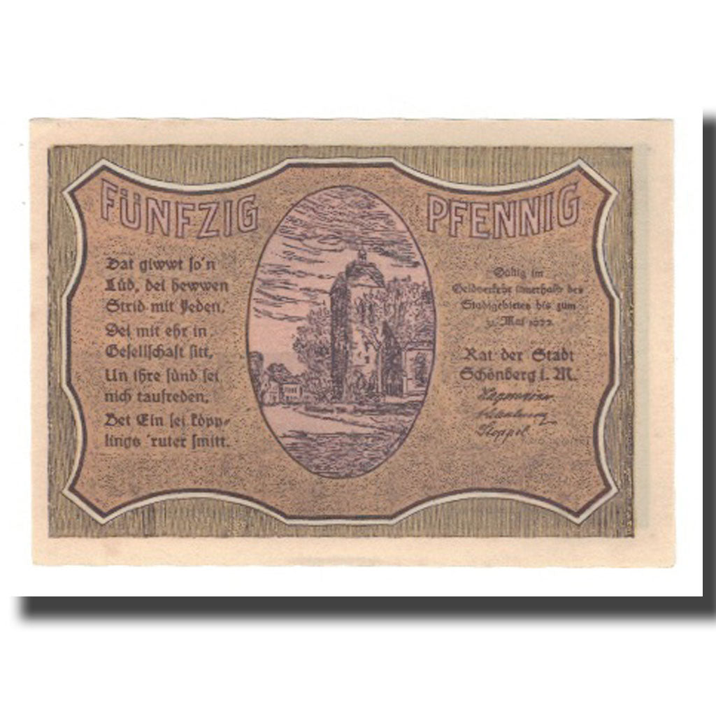 Banknote, Germany, Schönberg Stadt, 50 Pfennig, paysage 1, 1922, 1922-05-31