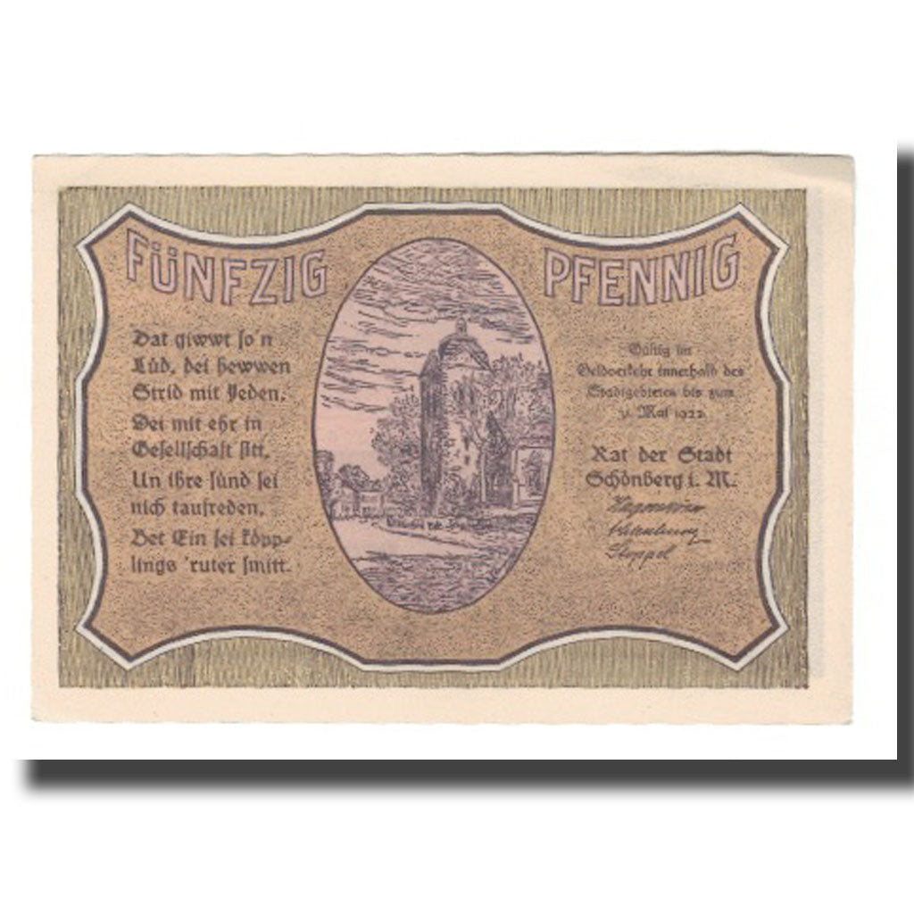 Banknote, Germany, Schönberg Stadt, 50 Pfennig, paysage 2, 1922, 1922-05-31