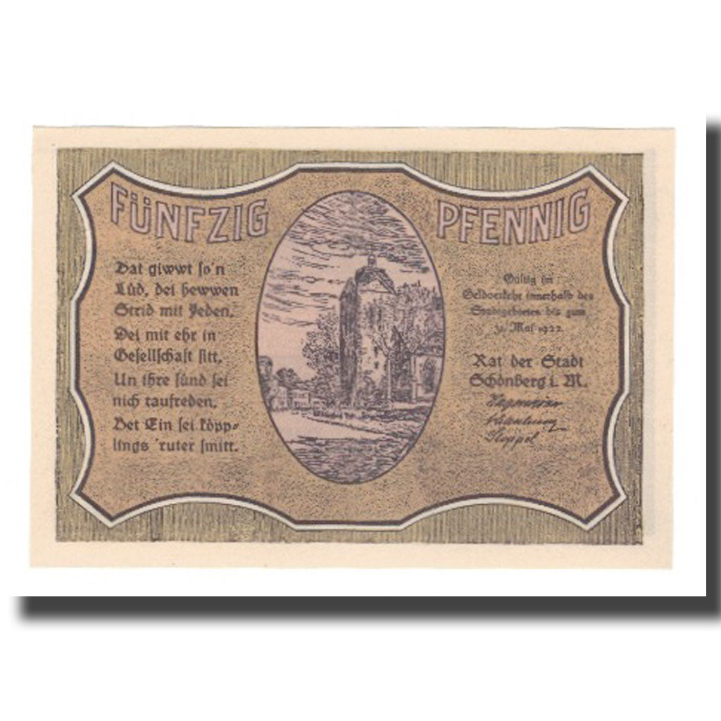 Banknote, Germany, Schönberg Stadt, 50 Pfennig, paysage 3, 1922, 1922-05-31