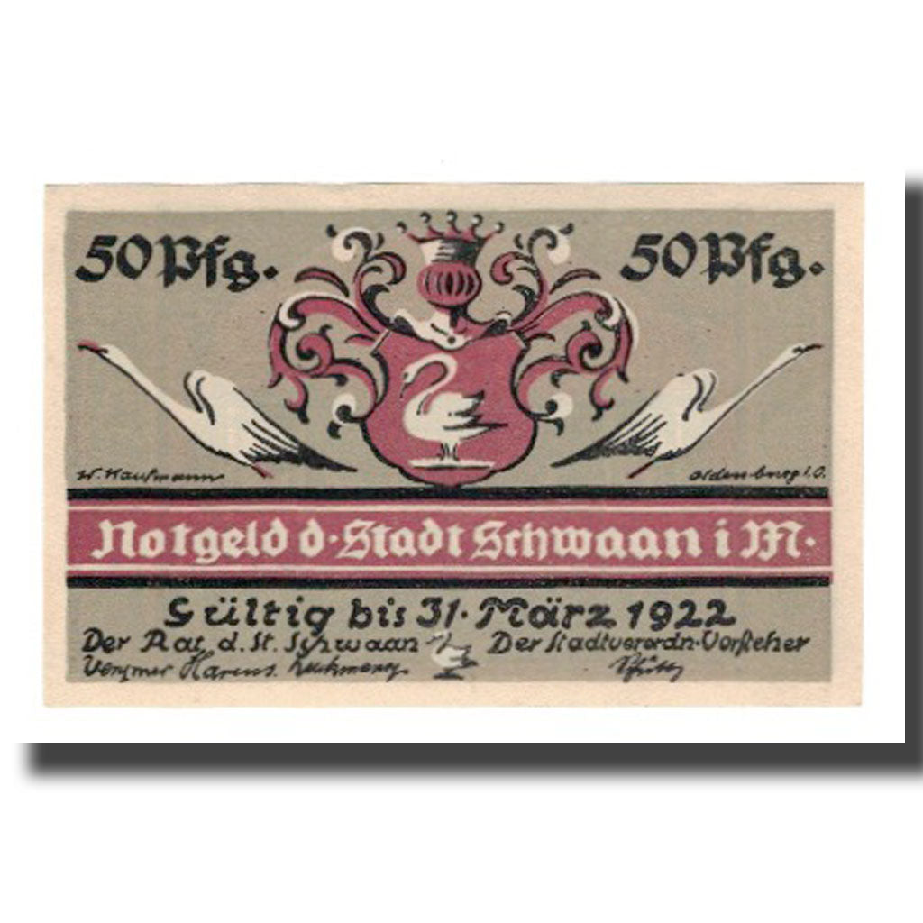 Geldschein, Deutschland, Schwaan Stadt, 50 Pfennig, personnage, 1922
