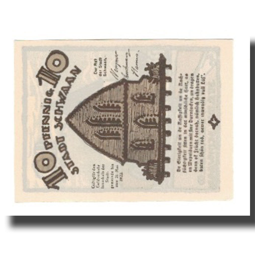 Banknot, Niemcy, Schwaan Stadt, 10 Pfennig, Batiment, 1922, 1922-05-31