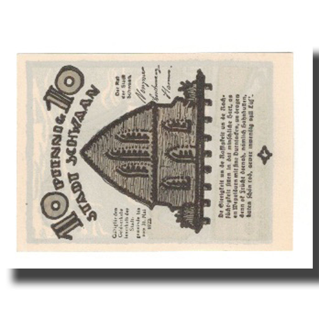 Banknote, Germany, Schwaan Stadt, 10 Pfennig, batiment 1, 1922, 1922-05-31