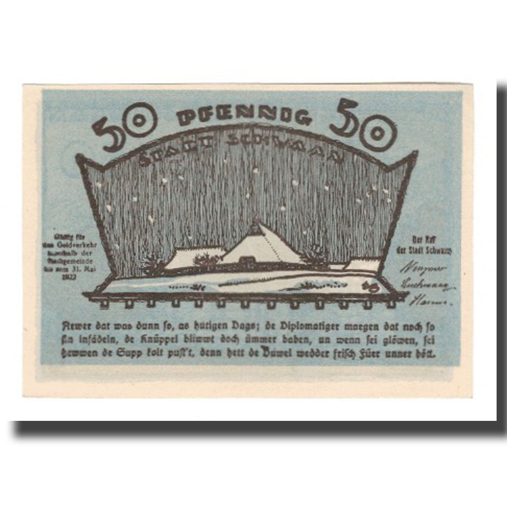 Geldschein, Deutschland, Schwaan Stadt, 50 Pfennig, batiment 1, 1922